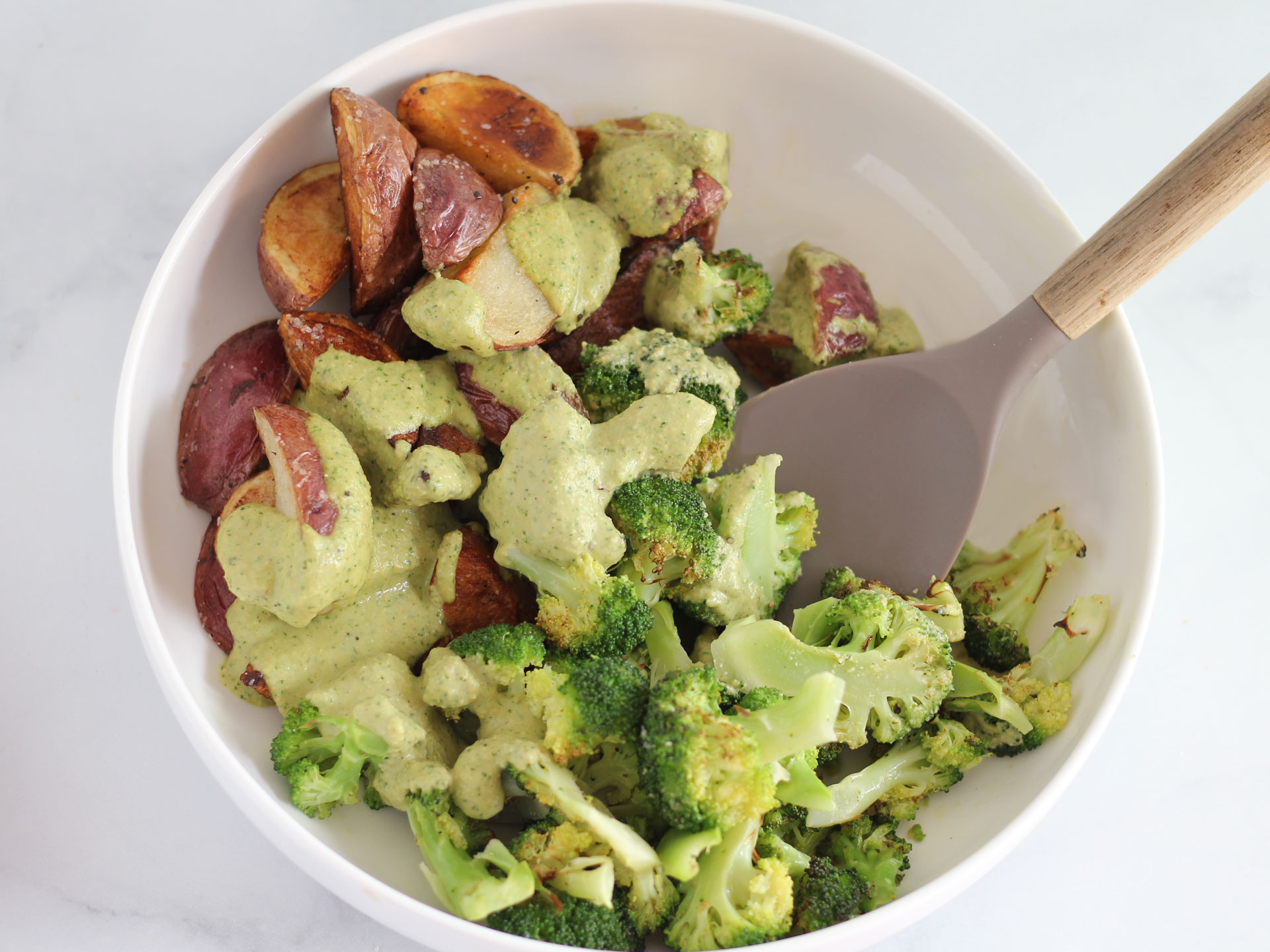Charred Broccoli with Pan Roasted Potatoes and Creamy Herb Dressing