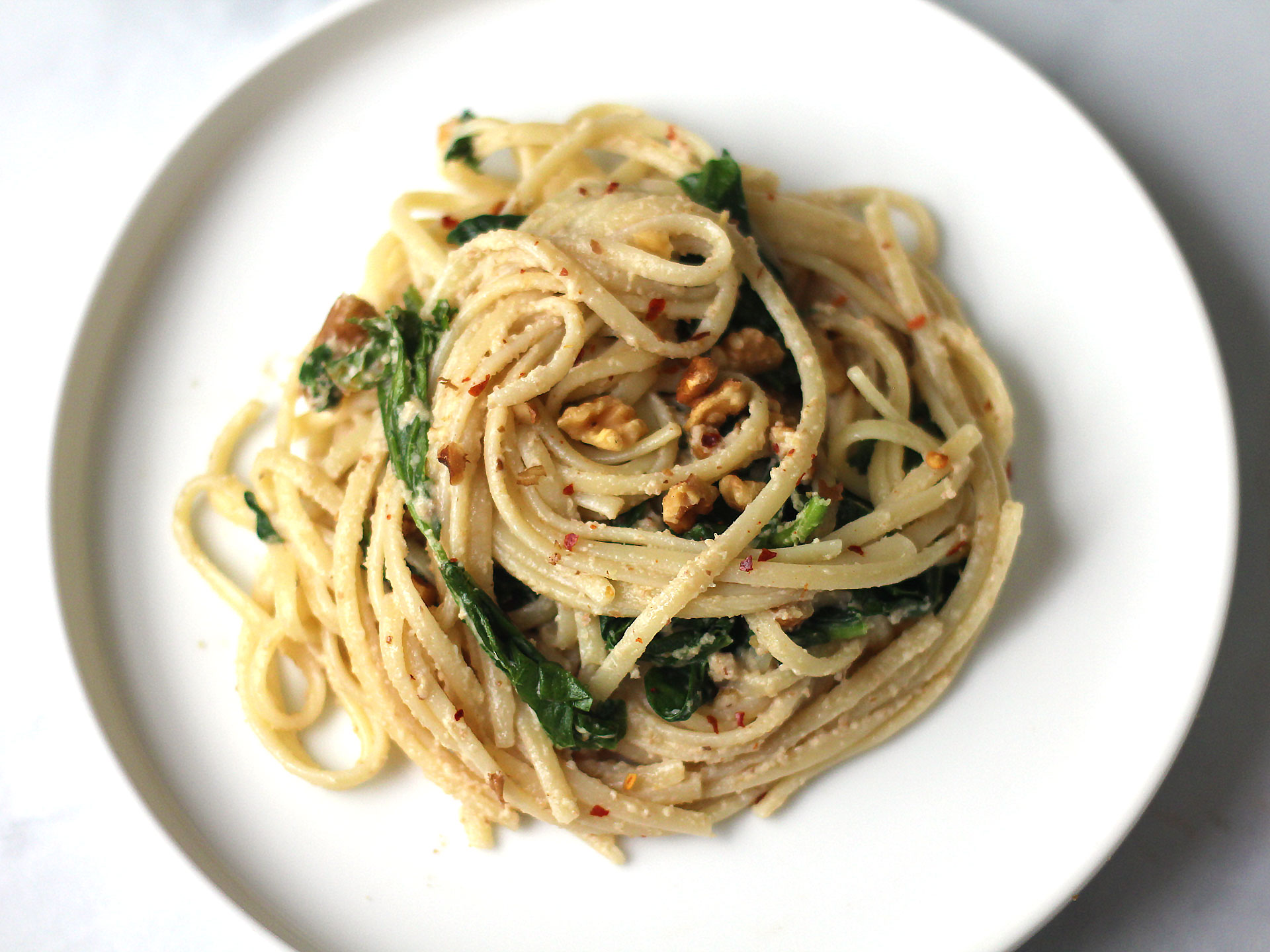Linguine with Wilted Spinach and Walnut Sauce
