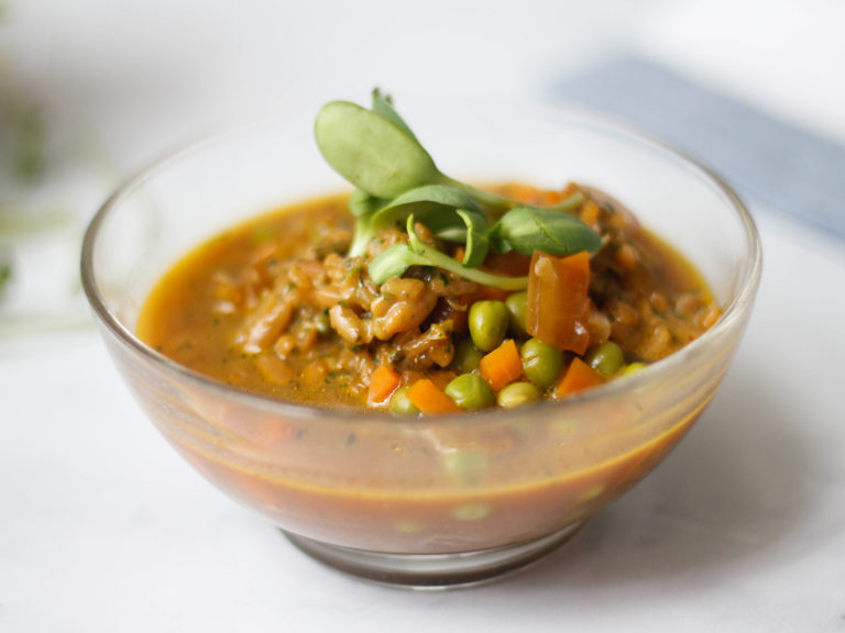 Fresh Pea and Carrot Soup with Rice Orzo Pilaf