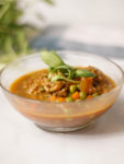 Fresh Pea and Carrot Soup with Rice Orzo Pilaf